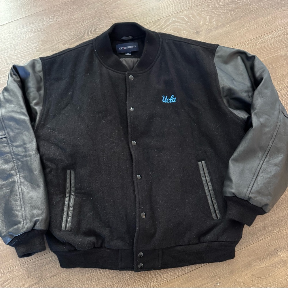 Black UCLA Varsity Jacket leather sleeves size 2XL